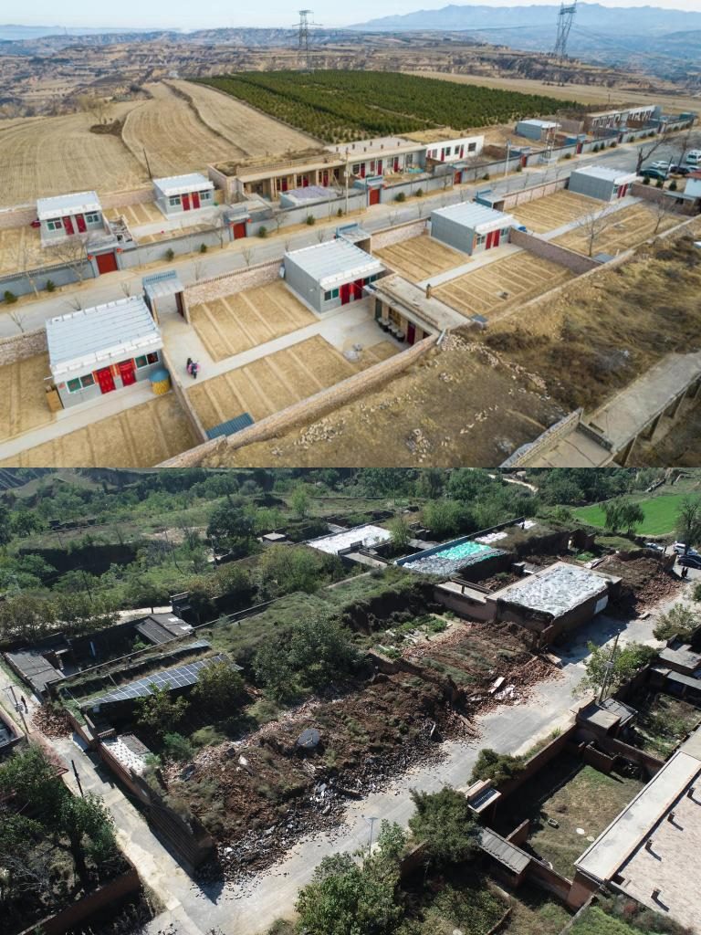 拼版照片，上圖是2022年1月山西省霍州市師莊鄉(xiāng)馮南垣村災(zāi)后恢復(fù)重建后的場(chǎng)景，下圖是2021年10月村莊因?yàn)?zāi)受損的場(chǎng)景。(霍州市委宣傳部供圖)
