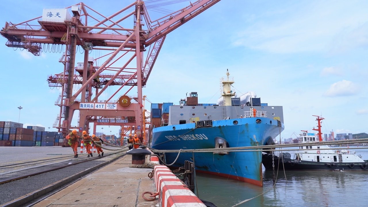 7月22日上午，“絲路海運”電商快線“海豐蛇口”輪?？繌B門海天碼頭12號泊位裝卸集裝箱貨物。人民網記者 蘭志飛攝