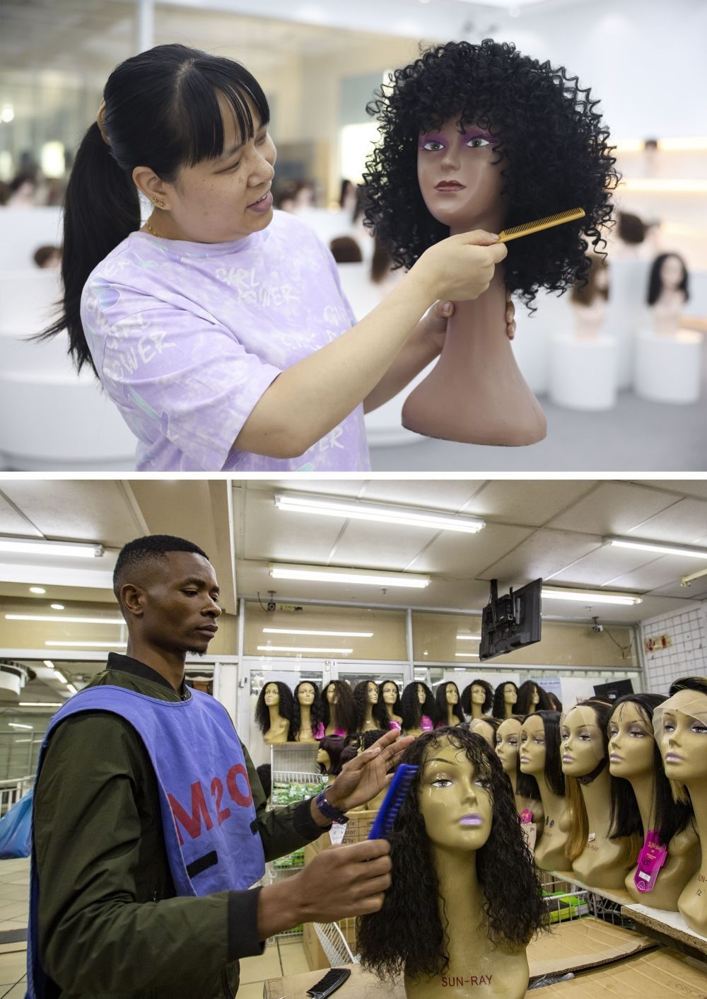 拼版照片：上圖為2023年5月25日，工人在湖南邵陽陽光發(fā)品有限公司展廳展示假發(fā)（新華社記者薛宇舸攝）；下圖為2023年6月9日，一名店員在湖南邵陽陽光發(fā)品有限公司位于南非約翰內(nèi)斯堡的店鋪內(nèi)展示假發(fā)（新華社記者張譽東攝）。新華社發(fā)