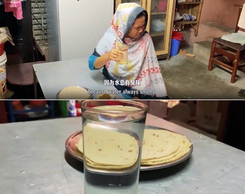 圖為紀(jì)實短片截圖：上圖為水質(zhì)未改善前，飲用水發(fā)黃渾濁；下圖為水廠建成后，飲用水水質(zhì)明顯改善，清澈透明。