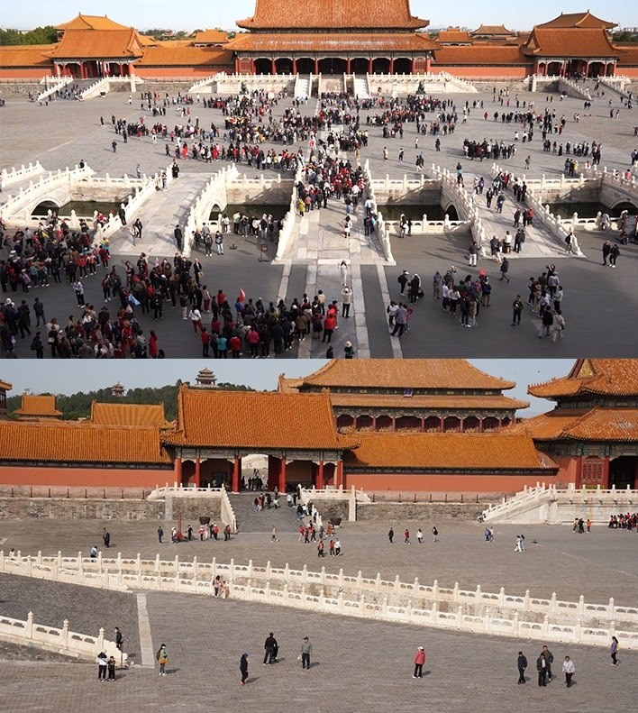 上午9時(shí)和下午13時(shí)的太和門廣場客流對比。故宮博物院供圖