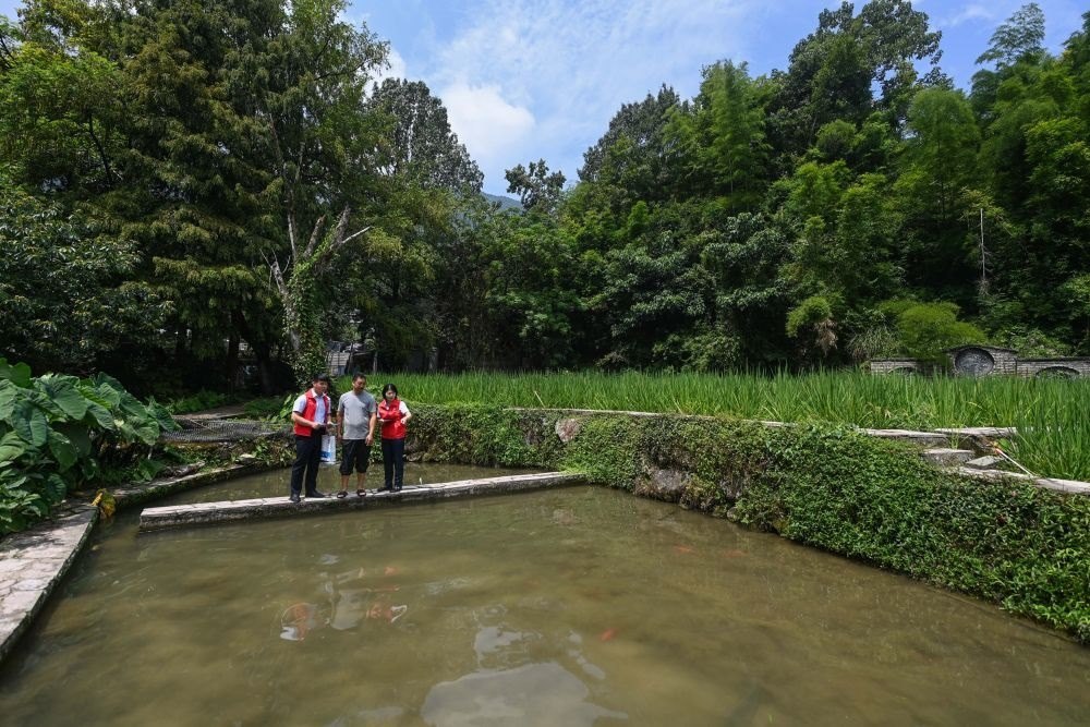 2023年8月17日，浙江省麗水市青田縣方山鄉(xiāng)田魚養(yǎng)殖戶吳勇強（中）在接受青田農(nóng)商銀行“小蜻蜓”服務隊志愿者提供的“惠民易貸”上門服務。近年來，青田縣金融發(fā)展中心聯(lián)合各個金融機構(gòu)優(yōu)化配套鄉(xiāng)村振興金融服務，推出“惠民易貸”“農(nóng)家樂貸”等金融產(chǎn)品，重點支持涉農(nóng)龍頭企業(yè)及特色種養(yǎng)殖產(chǎn)業(yè)。新華社記者 徐昱 攝