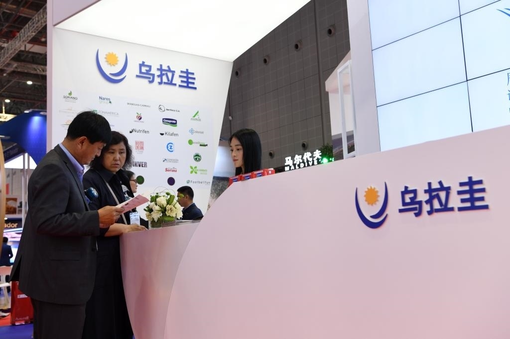 2019年11月6日，參觀者在第二屆進(jìn)博會(huì)烏拉圭國(guó)家館展臺(tái)咨詢。