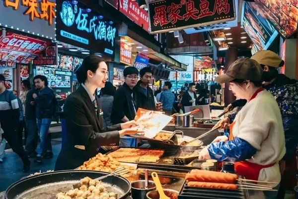 當(dāng)?shù)劂y行工作人員向個體經(jīng)營者介紹金融服務(wù)。受訪者供圖