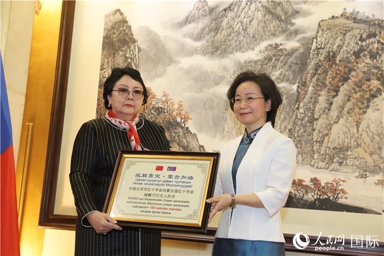 沈大使向?qū)殑跔柆敚ㄗ螅┟貢?shū)長(zhǎng)轉(zhuǎn)交捐款。人民網(wǎng)記者 霍文攝