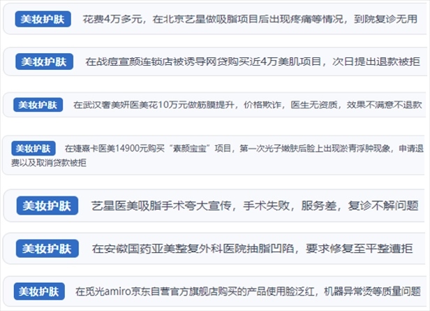 “人民投訴”用戶舉報(bào)醫(yī)美未達(dá)預(yù)期效果或?qū)е律眢w損傷退款遭拒、機(jī)構(gòu)及服務(wù)人員虛假資質(zhì)、被誘導(dǎo)高額醫(yī)美貸、網(wǎng)購美容儀器質(zhì)量不過關(guān)等問題。（“人民投訴”平臺截圖）