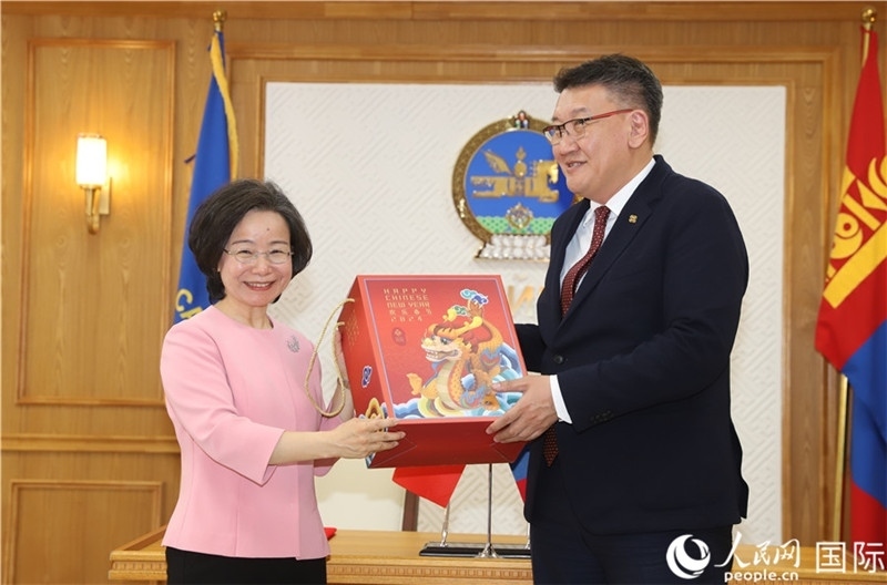 沈大使向扎布赫楞部長(zhǎng)贈(zèng)送吉祥龍。人民網(wǎng)記者 霍文攝