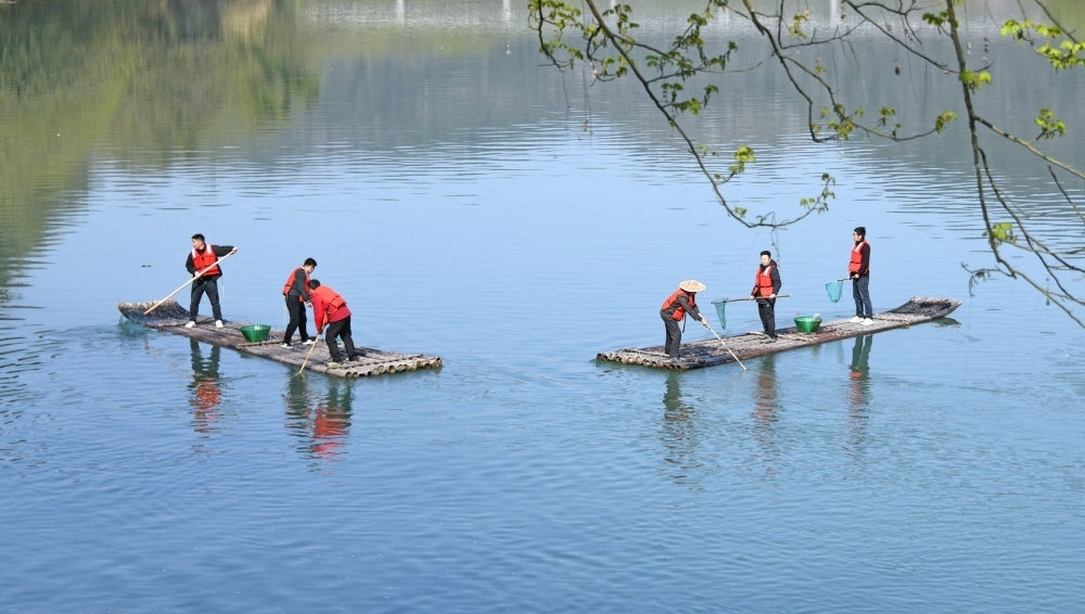 浙江省臺州市仙居縣步路鄉(xiāng)黨員志愿者與河長一起在永安溪巡河護(hù)水，清理雜物垃圾（2024年3月20日攝）。新華社發(fā)（王華斌攝）