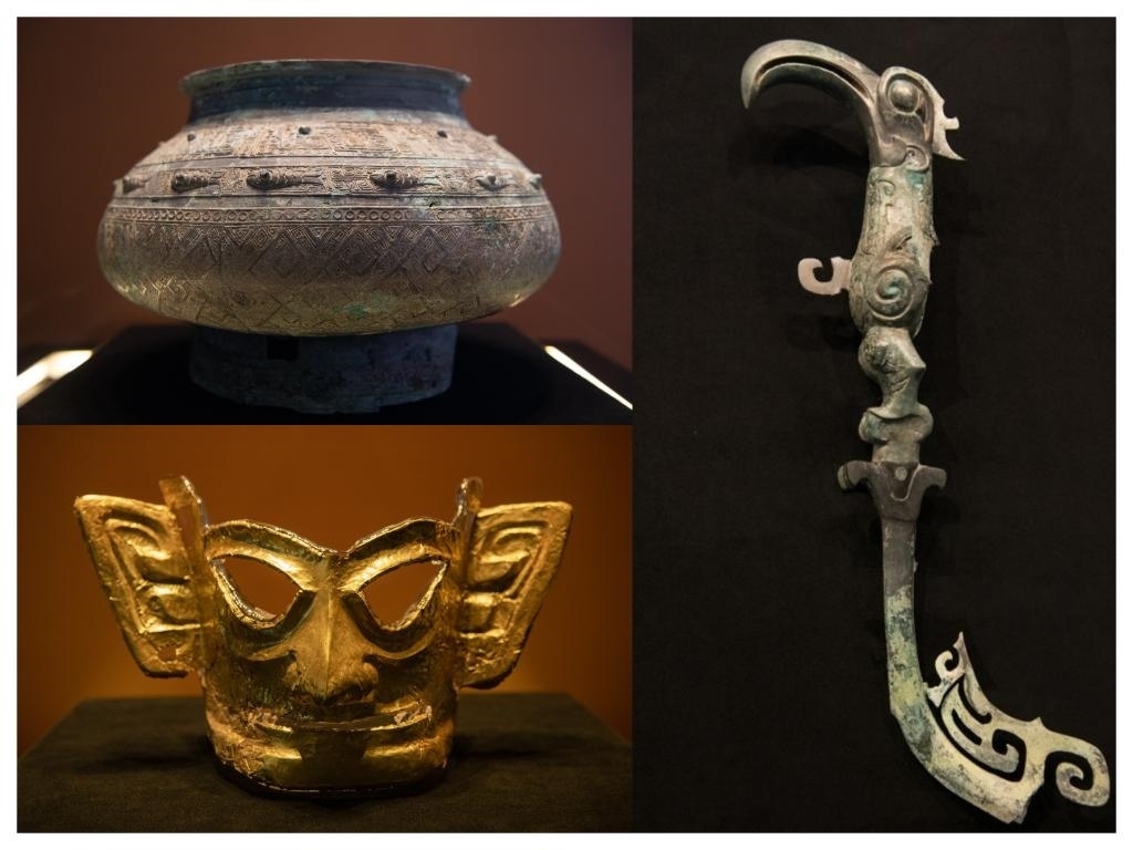拼版照片：左上圖為青銅瓿，左下圖為黃金面具，右圖為青銅樹枝。新華社記者唐文豪 攝