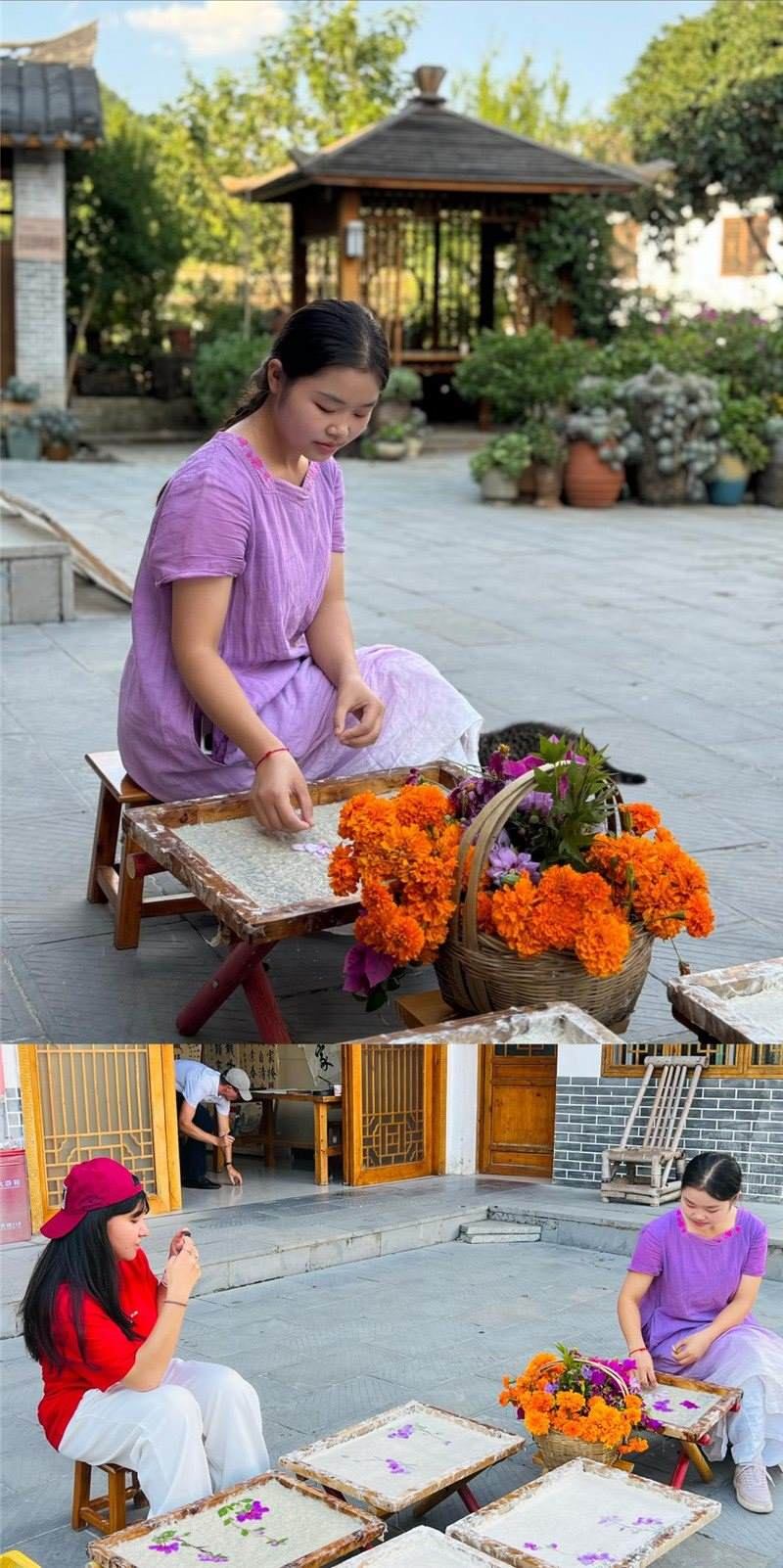 沒有女生不愛花。以古法造紙技藝為基礎，再輔以花草枝葉勾勒各式圖案，創(chuàng)作出花茂村獨具特色的紙漿壓花畫，少女手中的花是她眼中的風景，而她與正在制作的紙漿壓花畫也是別人眼中的風景。（哈薩克斯坦BAQ通訊社高級記者古爾詹·拉曼庫洛娃、張亞欣攝）