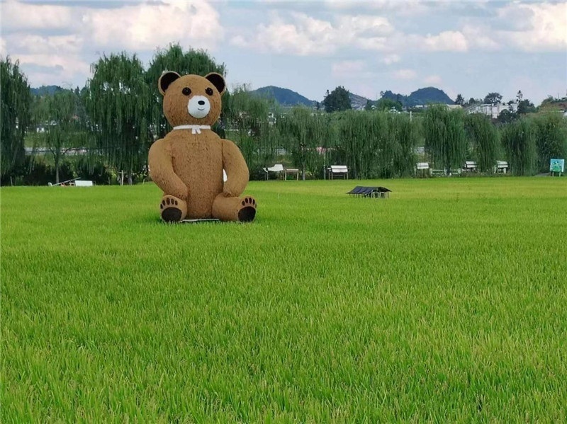 稻穗搖曳，垂柳依依，山嵐多姿，好一幅歲月靜好山鄉(xiāng)恬靜圖。這憨厚俏皮的熊玩偶造型，像是亂入其中，形成現(xiàn)代與傳統(tǒng)、好動與寧靜的反差感，讓人過目不忘，也讓人莞爾一笑。（哈薩克斯坦鳳凰24新聞社總編輯兼首席執(zhí)行官克馬爾·馬山羅攝）