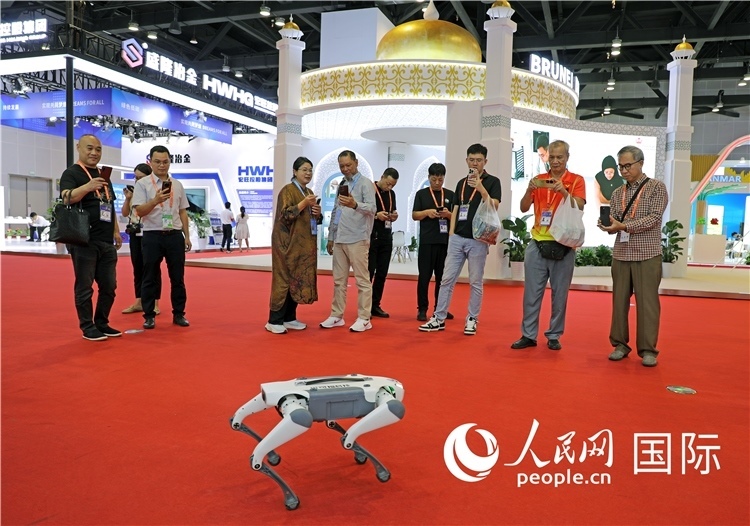 東博會(huì)上，觀眾正在參觀一只機(jī)器狗。綠色能源、新能源汽車、綠色農(nóng)產(chǎn)品等成為本屆東博會(huì)觀眾關(guān)注的焦點(diǎn)。人民網(wǎng)記者 趙益普攝