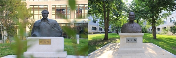 拼版照片：左圖為中央黨校（國(guó)家行政學(xué)院）校園內(nèi)的焦裕祿雕塑；右圖為中央黨校（國(guó)家行政學(xué)院）校園內(nèi)的谷文昌雕塑。