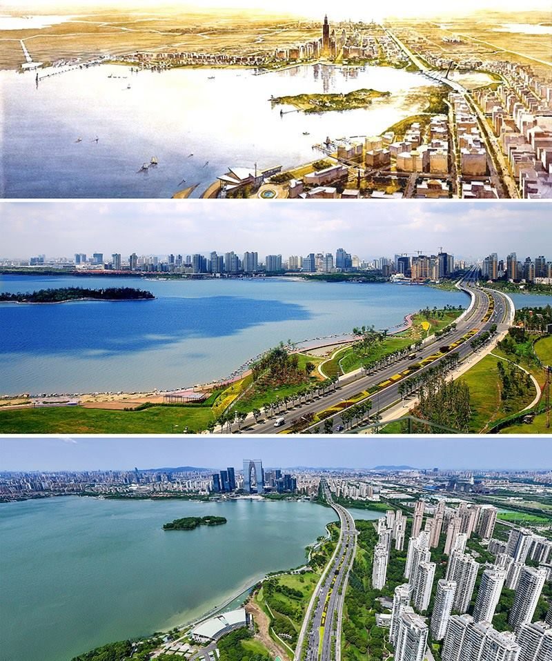 拼版照片：上圖為1994年繪制的蘇州工業(yè)園區(qū)手繪規(guī)劃圖；中圖為2007年拍攝的蘇州工業(yè)園區(qū)；下圖為2023年7月4日用無人機(jī)拍攝的蘇州工業(yè)園區(qū)。
