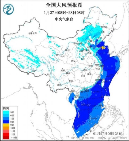 全國大風預報圖(1月27日08時-28日08時) 圖片來源：中央氣象臺網站