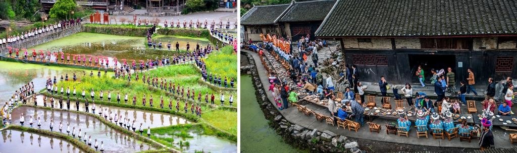 左圖：近期，人們在黎平縣肇興侗寨的田園里演唱侗族大歌（黎平縣委宣傳部供圖）；右圖：這是2023年拍攝的十八洞村長桌宴（湘西州委宣傳部供圖）。